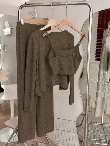 Camisole, Cardigan & Straight Pants Knit Set