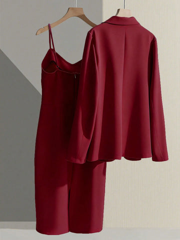 Franclia Casual Khaki Blazer Jacket Paired With Spaghetti Strap Waist Cinched Straight Dress