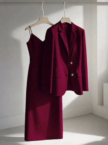 Franclia Casual Khaki Blazer Jacket Paired With Spaghetti Strap Waist Cinched Straight Dress