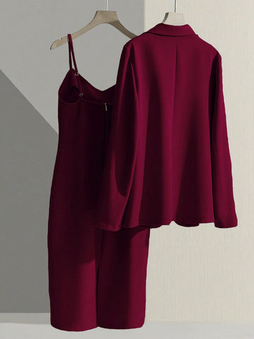 Franclia Casual Khaki Blazer Jacket Paired With Spaghetti Strap Waist Cinched Straight Dress