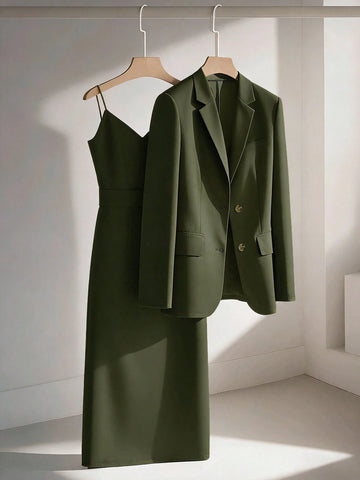 Franclia Casual Khaki Blazer Jacket Paired With Spaghetti Strap Waist Cinched Straight Dress