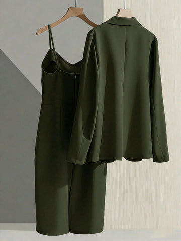 Franclia Casual Khaki Blazer Jacket Paired With Spaghetti Strap Waist Cinched Straight Dress