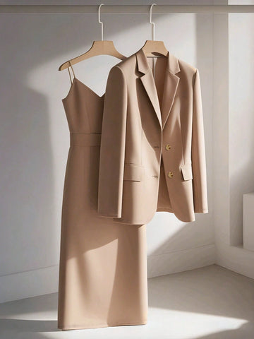 Franclia Casual Khaki Blazer Jacket Paired With Spaghetti Strap Waist Cinched Straight Dress