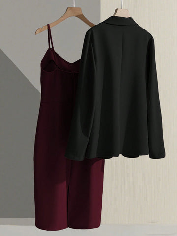 Franclia Casual Khaki Blazer Jacket Paired With Spaghetti Strap Waist Cinched Straight Dress