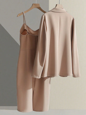 Franclia Casual Khaki Blazer Jacket Paired With Spaghetti Strap Waist Cinched Straight Dress