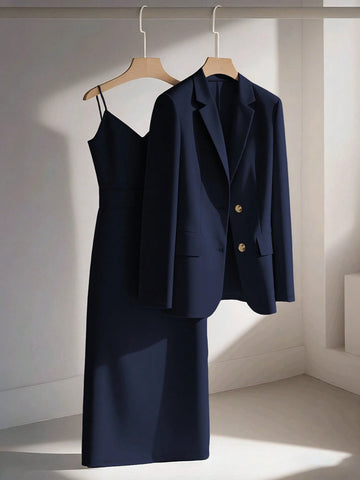 Franclia Casual Khaki Blazer Jacket Paired With Spaghetti Strap Waist Cinched Straight Dress