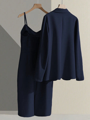 Franclia Casual Khaki Blazer Jacket Paired With Spaghetti Strap Waist Cinched Straight Dress