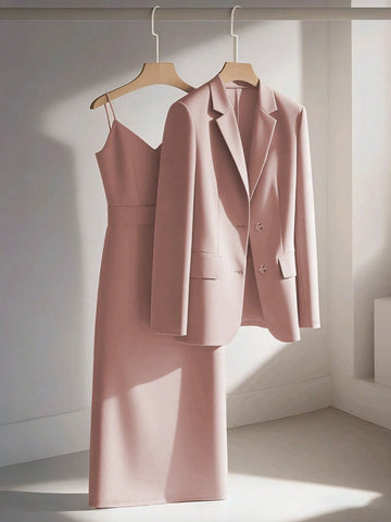 Franclia Casual Khaki Blazer Jacket Paired With Spaghetti Strap Waist Cinched Straight Dress