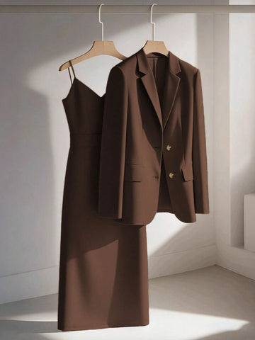 Franclia Casual Khaki Blazer Jacket Paired With Spaghetti Strap Waist Cinched Straight Dress