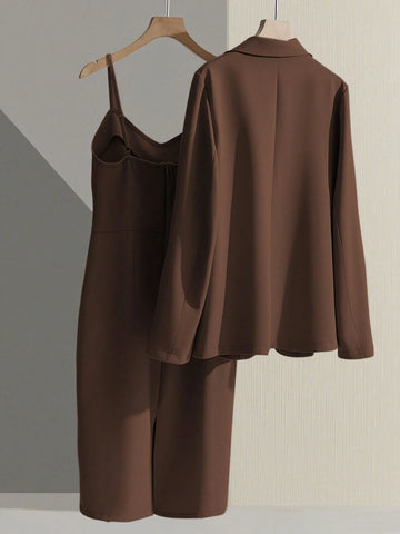 Franclia Casual Khaki Blazer Jacket Paired With Spaghetti Strap Waist Cinched Straight Dress