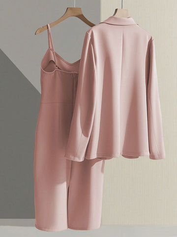 Franclia Casual Khaki Blazer Jacket Paired With Spaghetti Strap Waist Cinched Straight Dress