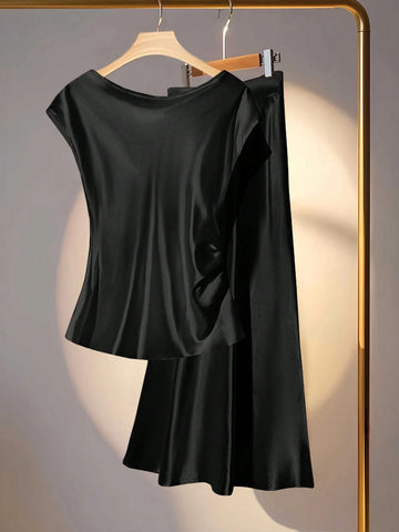 Franclia 2pcs Set Elegant Commuter Solid Color V-Neck Blouse And Skirt