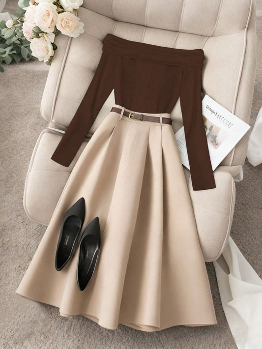 Off Shoulder Long Sleeve Top And Long Plain Skirt