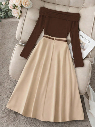 Off Shoulder Long Sleeve Top And Long Plain Skirt
