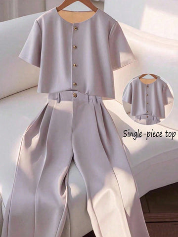 Franclia Fashionable High-End Round Neck Short Sleeve Button-Up Blouse