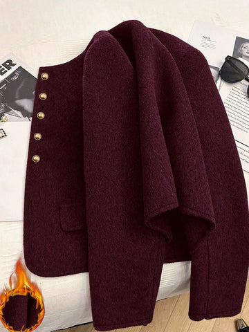 Fashionable French Elegant Short Round Neck Long Sleeve Women Overcoat