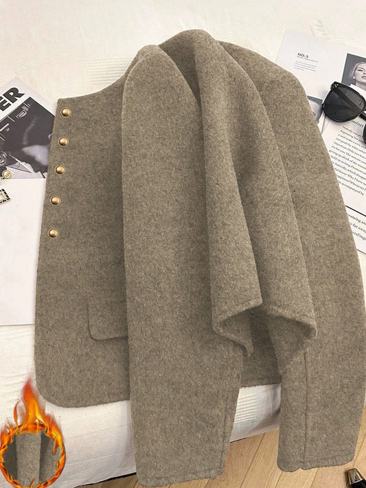 Fashionable French Elegant Short Round Neck Long Sleeve Women Overcoat