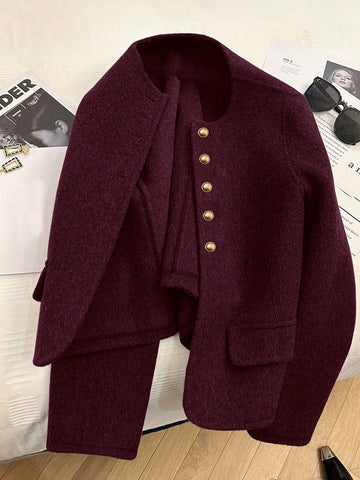 Fashionable French Elegant Short Round Neck Long Sleeve Women Overcoat