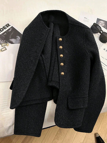 Fashionable French Elegant Short Round Neck Long Sleeve Women Overcoat