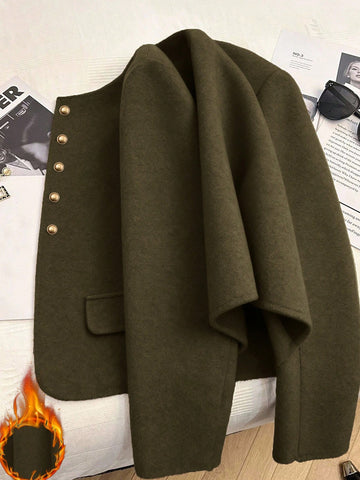 Fashionable French Elegant Short Round Neck Long Sleeve Women Overcoat