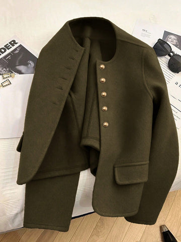 Fashionable French Elegant Short Round Neck Long Sleeve Women Overcoat