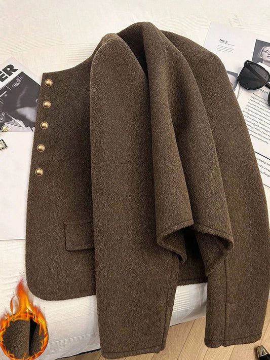 Fashionable French Elegant Short Round Neck Long Sleeve Women Overcoat