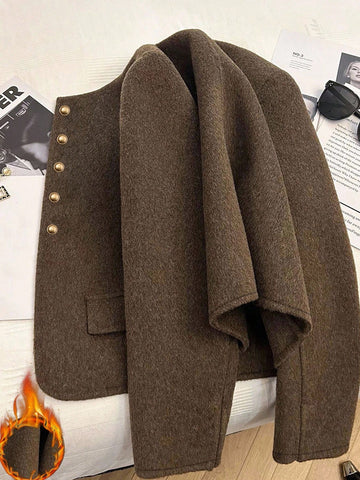 Fashionable French Elegant Short Round Neck Long Sleeve Women Overcoat