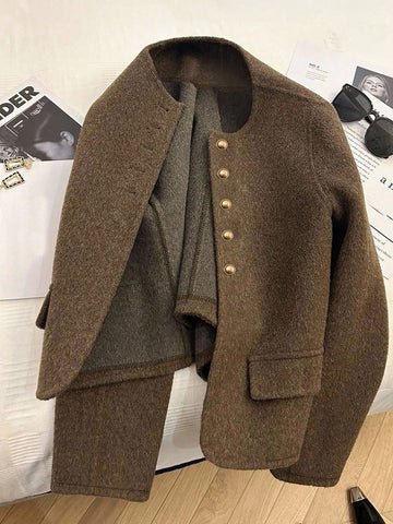 Fashionable French Elegant Short Round Neck Long Sleeve Women Overcoat