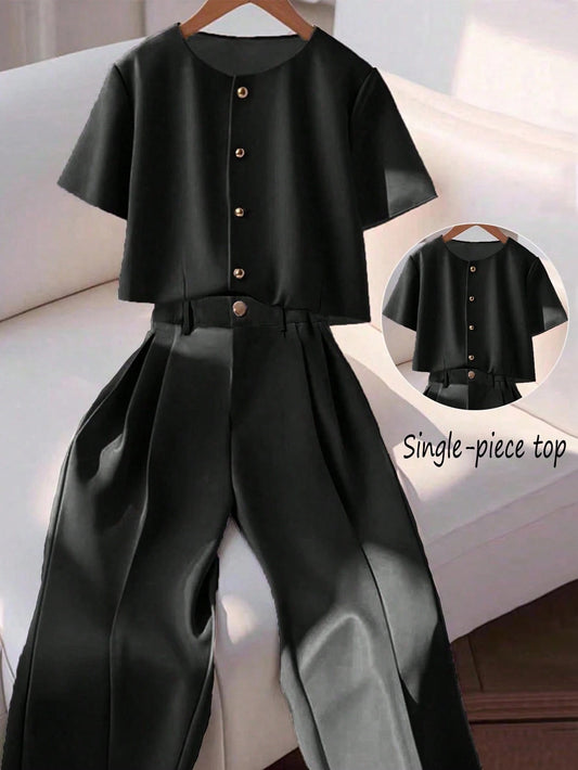 Franclia Fashionable High-End Round Neck Short Sleeve Button-Up Blouse