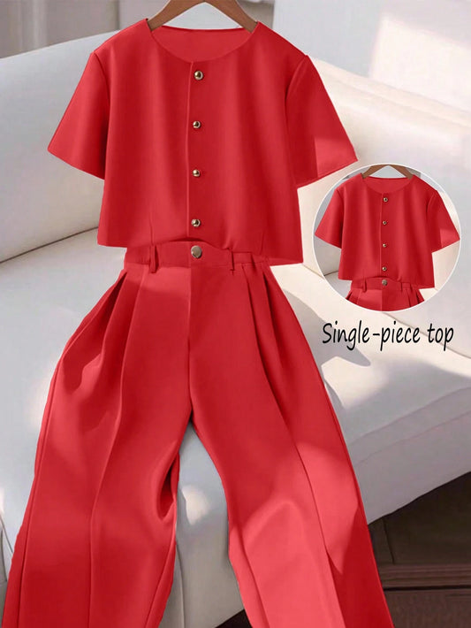 Franclia Fashionable High-End Round Neck Short Sleeve Button-Up Blouse