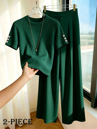 Women's T-Shirt Paired With Minimalist Casual Wide Leg Pants