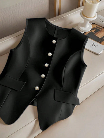 Versatile Sleeveless Single-Breasted Cinched Waist Faux Pocket Women Shirt