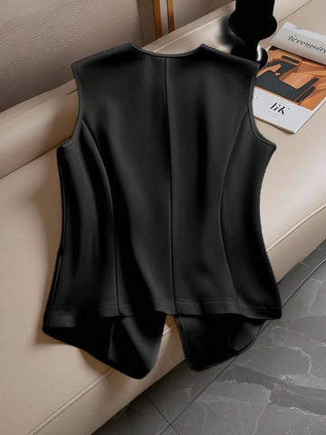 Versatile Sleeveless Single-Breasted Cinched Waist Faux Pocket Women Shirt