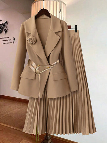 Elegant Floral Applique Long Sleeve Blazer Jacket & A-Line Skirt Set