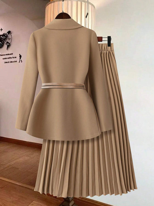 Elegant Floral Applique Long Sleeve Blazer Jacket & A-Line Skirt Set