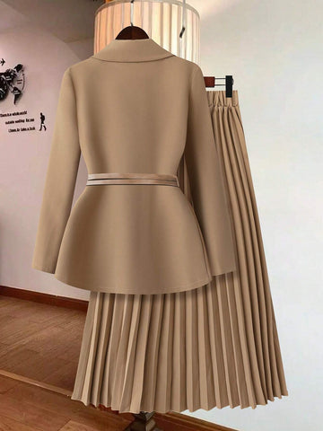 Elegant Floral Applique Long Sleeve Blazer Jacket & A-Line Skirt Set