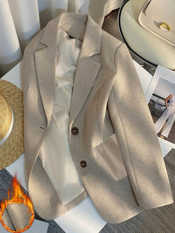 Women's Herringbone Beige Wool Blazer