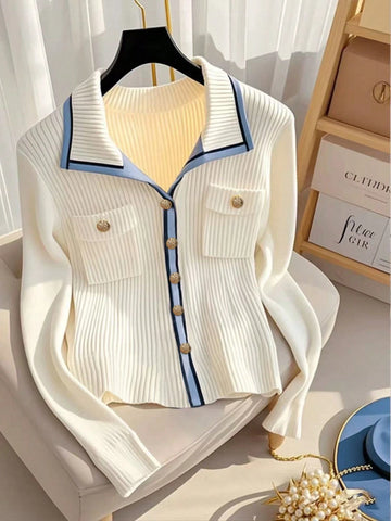 Slim Fit V-Neck Contrast Color Elegant Cardigan