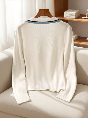 Slim Fit V-Neck Contrast Color Elegant Cardigan