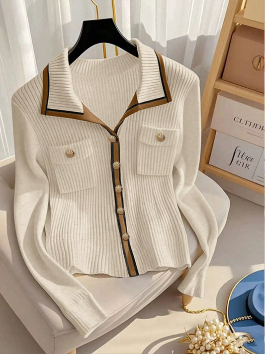 Slim Fit V-Neck Contrast Color Elegant Cardigan