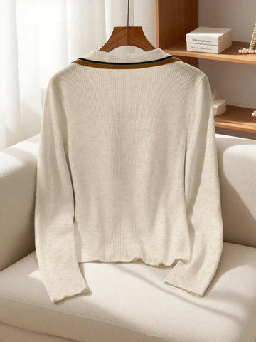 Slim Fit V-Neck Contrast Color Elegant Cardigan