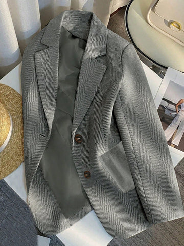 Women's Herringbone Beige Wool Blazer