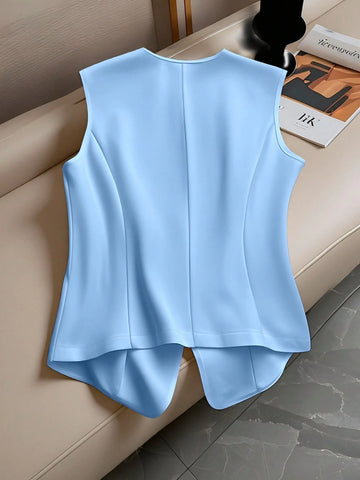 Versatile Sleeveless Single-Breasted Cinched Waist Faux Pocket Women Shirt
