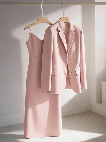 Blazer Jacket Paired With Sleeveless Waist Cinched Straight Dress