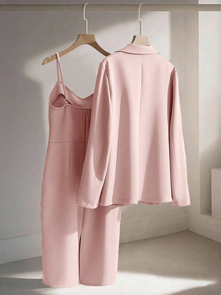 Blazer Jacket Paired With Sleeveless Waist Cinched Straight Dress