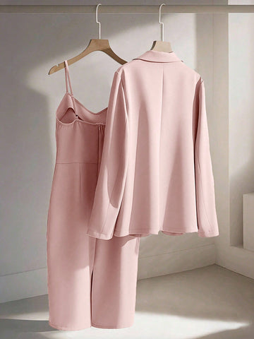 Blazer Jacket Paired With Sleeveless Waist Cinched Straight Dress