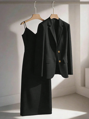 Blazer Jacket Paired With Sleeveless Waist Cinched Straight Dress
