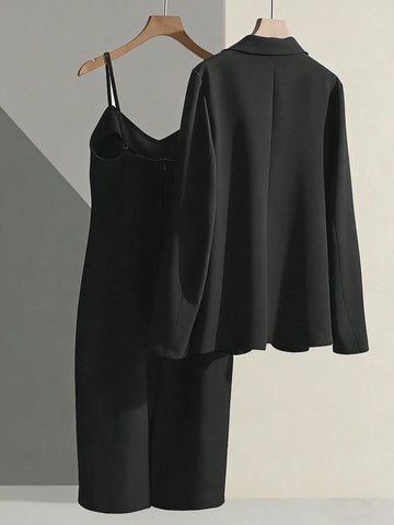 Blazer Jacket Paired With Sleeveless Waist Cinched Straight Dress