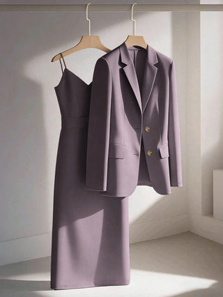 Blazer Jacket Paired With Sleeveless Waist Cinched Straight Dress