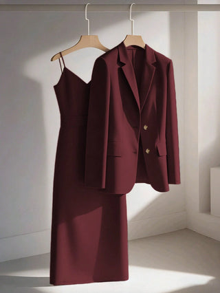 Blazer Jacket Paired With Sleeveless Waist Cinched Straight Dress